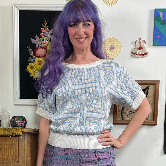 Vintage Sweaters - Vintage Pastel Geometric Sweater, 1980s Short Sleeve Spring Knit by Pogia, Sz M